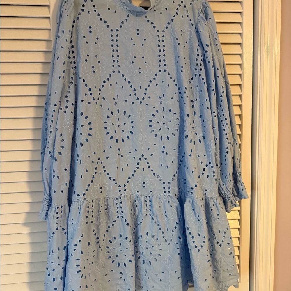 Eloquii Blue Ruffled Tiered Sundress with Bishop Sleeves